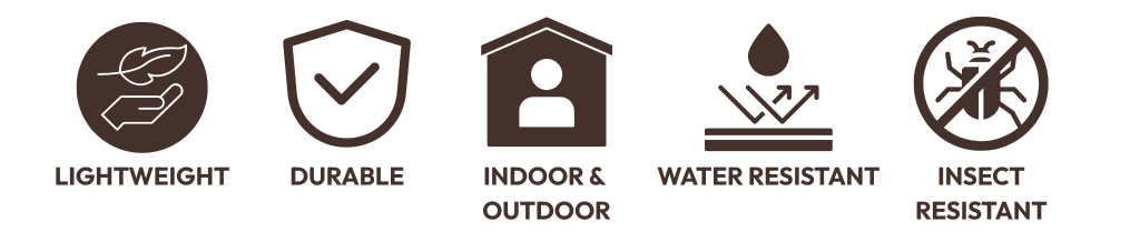 Icons showing lightweight faux stone panels, durable construction, indoor and outdoor suitability, water resistance, and insect resistance.